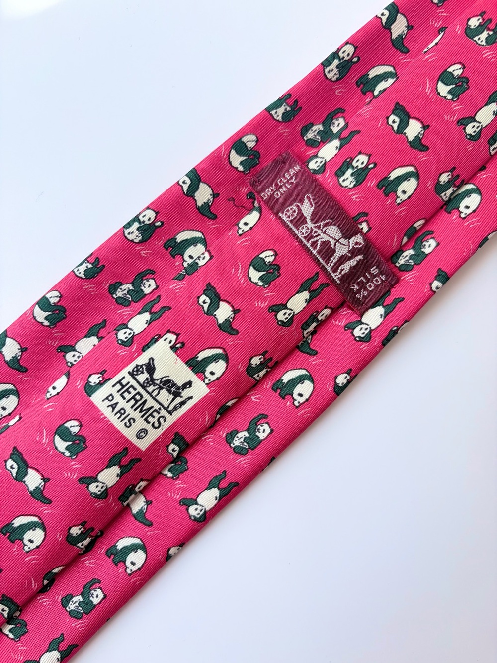Rare Hermès Paris 7632 PA Playful Pandas on Red Background Silk Tie